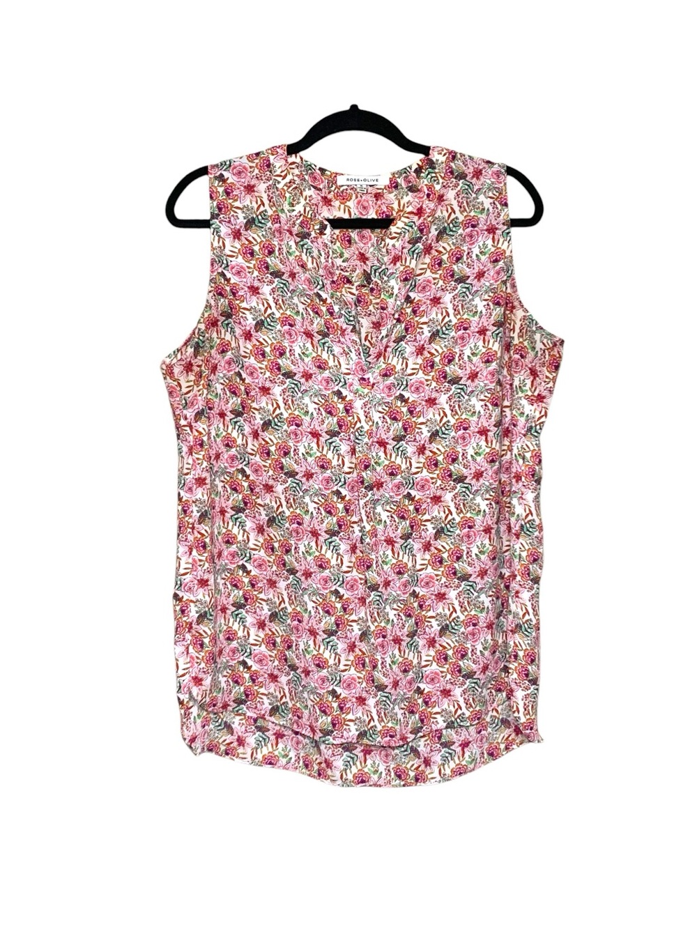 Rose & Olive Pink Floral Crepe Sleeveless Top V-Neck Sz XL Breeze Summer Shirt